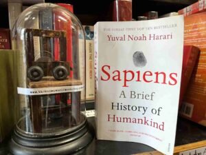 The book Sapiens beside a small glass dome which contains a miniature chair and toy trolley.