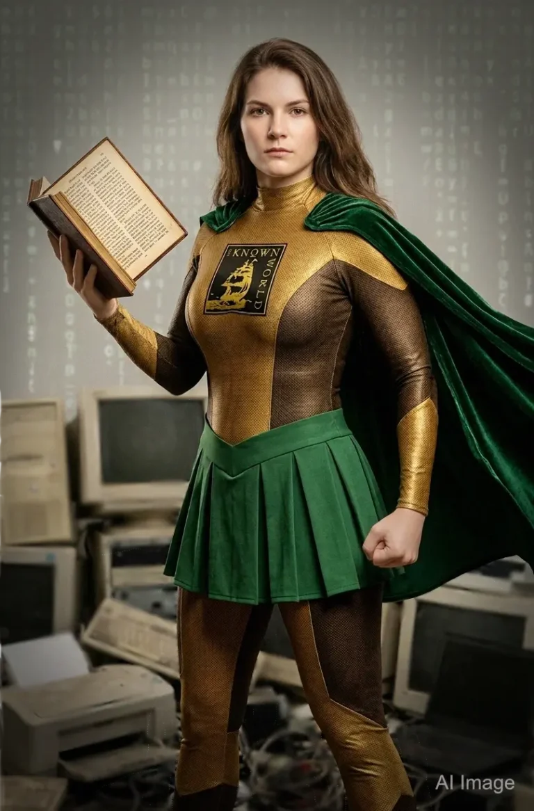 A woman in a superhero costume with a green cape and skirt holds an open book, standing confidently among vintage computers and a binary code backdrop.