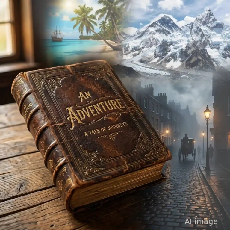 an old leather-bound book titled An Adventure on a rough wooden table with images of the content, tropical island, snowy mountains and foggy Victorian street surround it.
