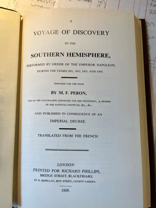 Title page of the limited edition copy of the book A Voyage of Discovery to the Southern Hemisphere, performed by order of the Emperor Napoleon, during the years 1801, 1802, 1803, and 1804
